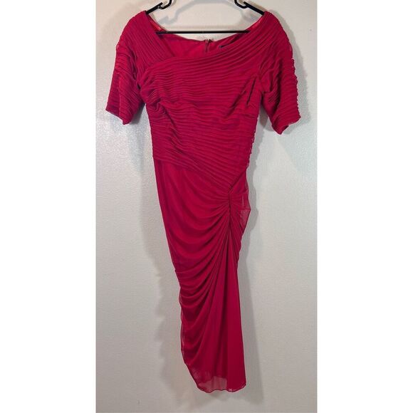Tadashi Shoji Red Asymmetrical Ruched Mesh Draped Dress Women's XS - Picture 2 of 10